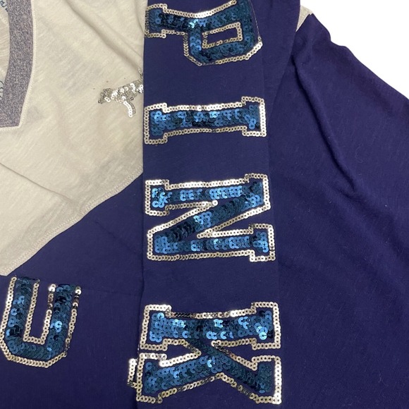 PINK Victoria's Secret Long Sleeve V Neck Sequin Graphic Shirt LARGE Navy Blue - Picture 2 of 6